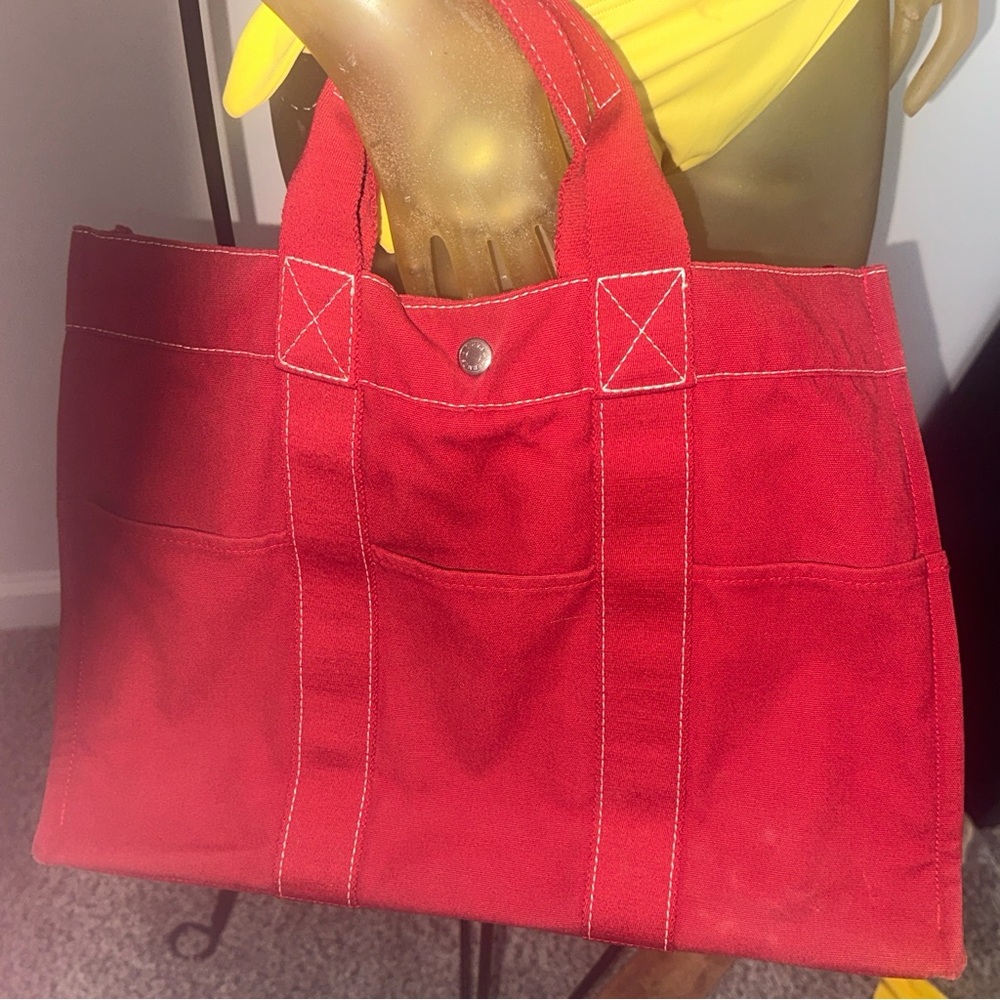 HERMES DEAUVILLE PM Red Canvas Tote Bag LIKE NEW CONDITION. Unisex. 22x30x8(HWD) - Picture 4 of 12